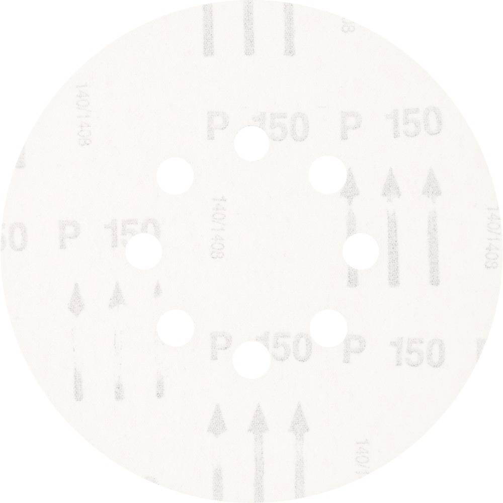 Okrągły papier ścierny o gradacji P150, z kilkoma otworami i strzałkami wskazującymi kierunek. Odpowiedni do prac szlifierskich.