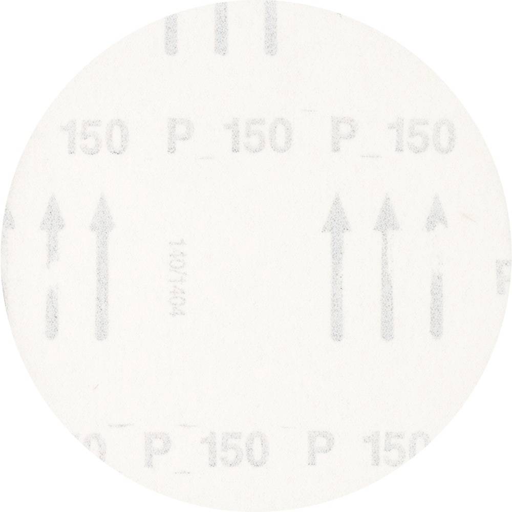 Okrągły arkusz papieru ściernego o ziarnistości 'P150'. Nadrukowane strzałki wskazują kierunek szlifowania.