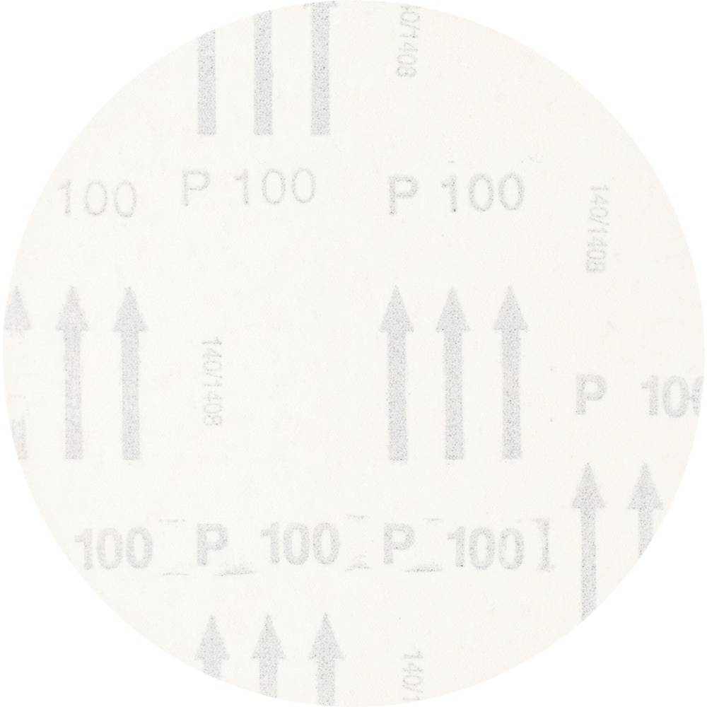 Okrągły papier ścierny z nadrukowanym numerem ziarnistości 'P100' oraz strzałkami wskazującymi kierunek szlifowania.