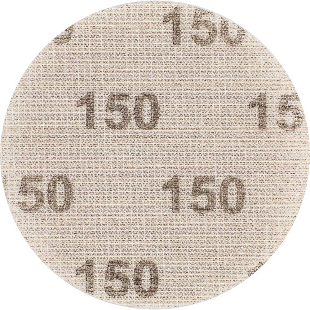 Okrągła tarcza szlifierska z numerem '150' wielokrotnie powtarzanym na powierzchni, reprezentuje wielkość ziarna, używana do szlifowania.