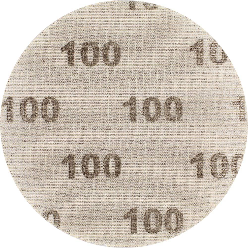 Papier ścierny krążkowy o ziarnistości 100, w kolorze beżowym z brązowym nadrukiem. Odpowiedni do wygładzania powierzchni.