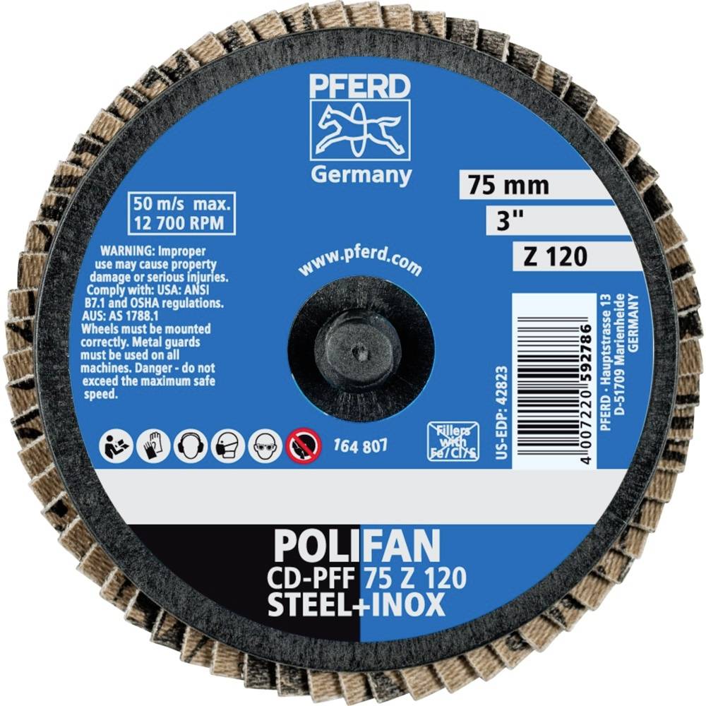 Tarcza szlifierska marki 'PFERD', model 'Polifan', odpowiednia do stali i stali nierdzewnej, średnica 75 mm, 12.700 obr./min, maks. 50 m/s.