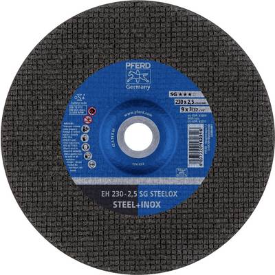 Tarcza szlifierska firmy Pferd Germany, model SG STEELOX, średnica 230 mm, przeznaczona do stali i stali nierdzewnej, z niebieskim środkiem i oznakowaniem.