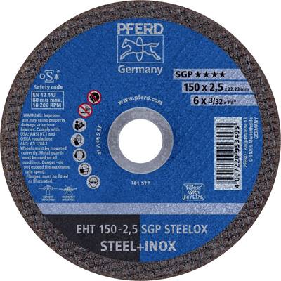 Tarcza szlifierska z napisem 'PFERD Germany', rozmiar 150 x 2,5 mm do stali i stali nierdzewnej, maks. 80 m/s, 6.660 obr./min.