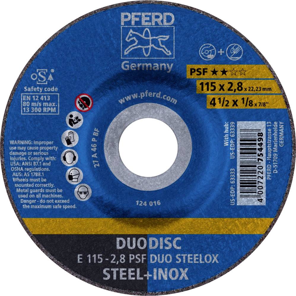 PFERD TOOLS 62011620 E 115-2,8 PSF DUO STEELOX Відрізний диск, вигнутий Діаметр 115 мм Діаметр отвору 22,23 мм Нержавіюча сталь, с