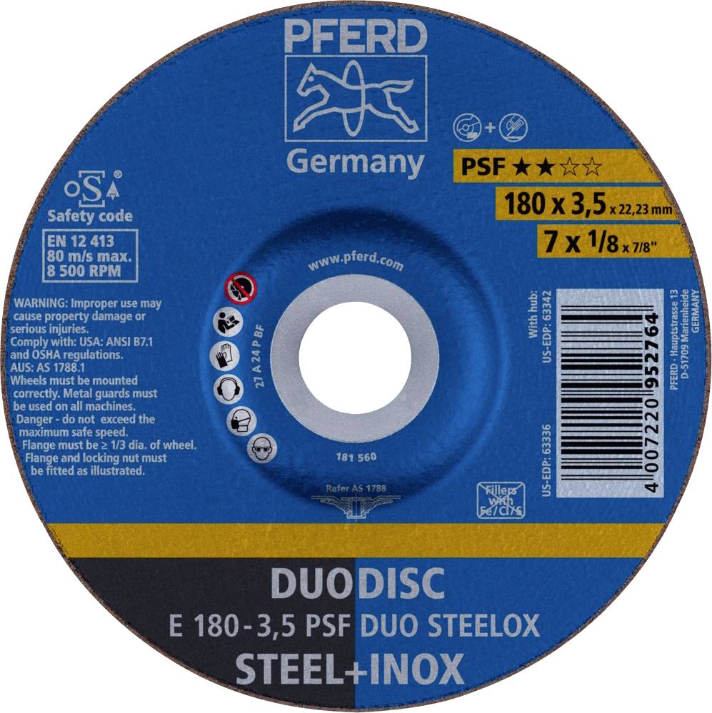 PFERD TOOLS 62017420 E 180-3,5 PSF DUO STEELOX Відрізний диск, вигнутий Діаметр 180 мм Діаметр отвору 22,23 мм нержавіюча сталь, с