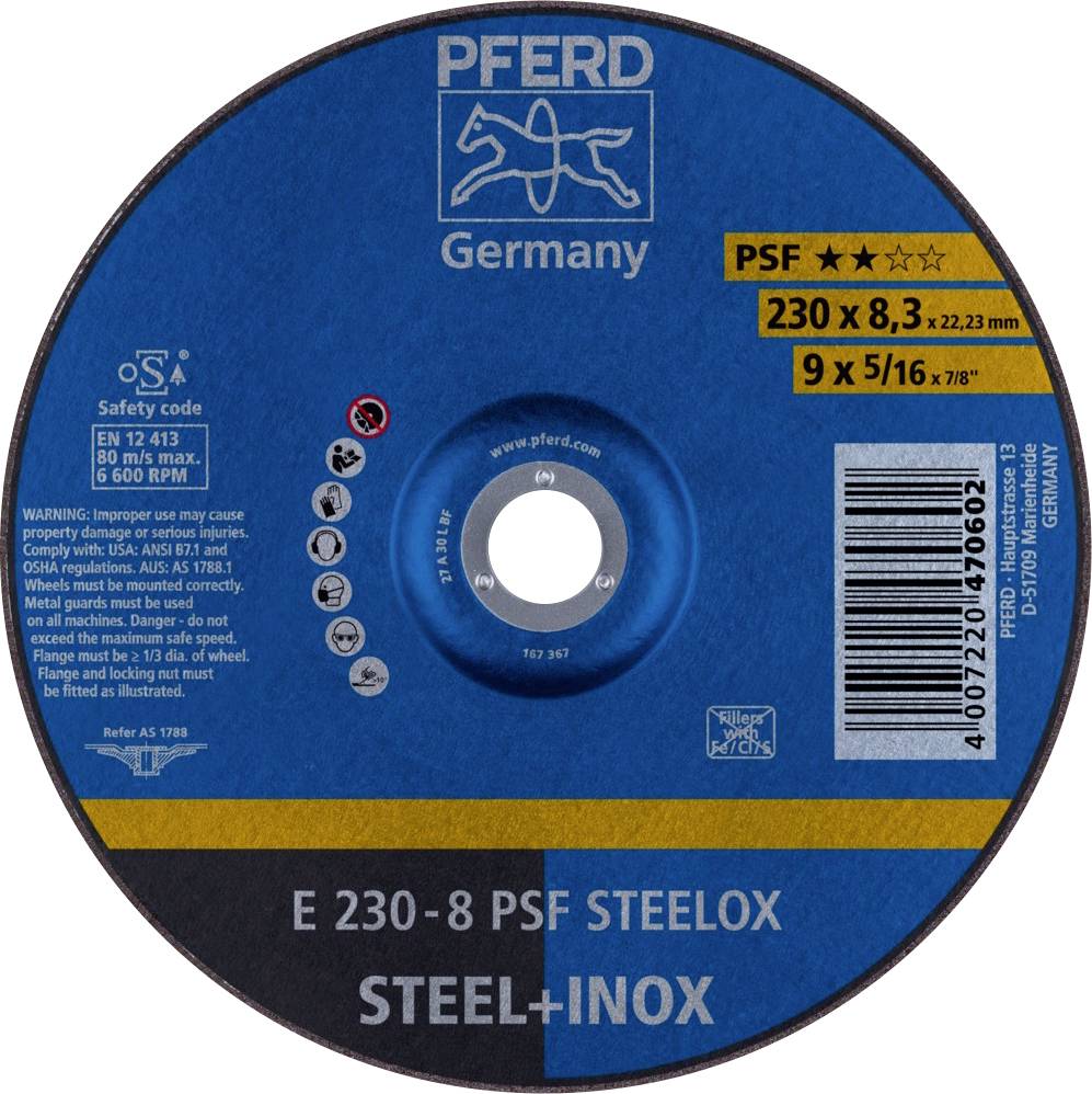 PFERD TOOLS 62023831 E 230-8 PSF STEELOX Відрізний диск, вигнутий Діаметр 230 мм Діаметр отвору 22,23 мм нержавіюча сталь, сталь 1