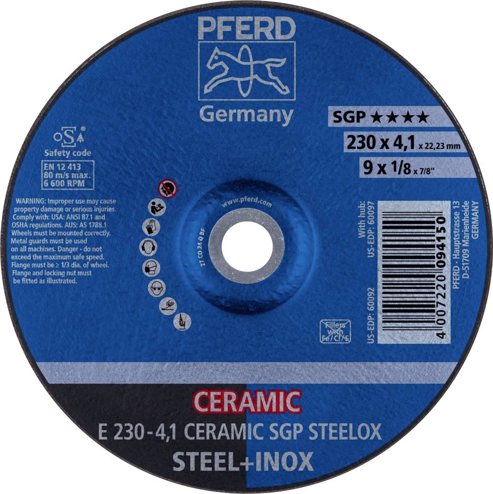 PFERD TOOLS 62100230 E 230-4,1 КЕРАМІЧНИЙ SGP STEELOX Відрізний диск, вигнутий Діаметр 230 мм Діаметр отвору 22,23 мм нержавіюча с