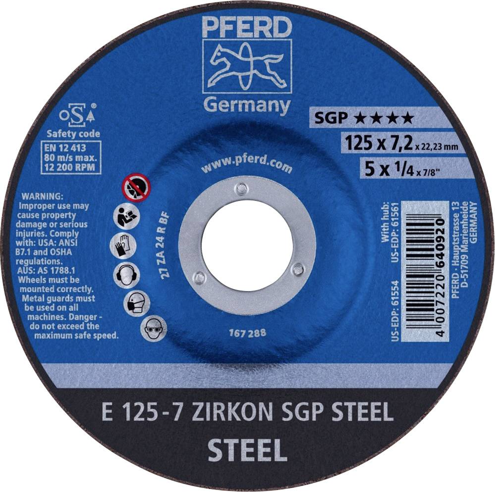 PFERD TOOLS 62212737 E 125-7 ZIRKON SGP STEEL Відрізний диск, вигнутий Діаметр 125 мм Діаметр отвору 22,23 мм сталь 10 шт.