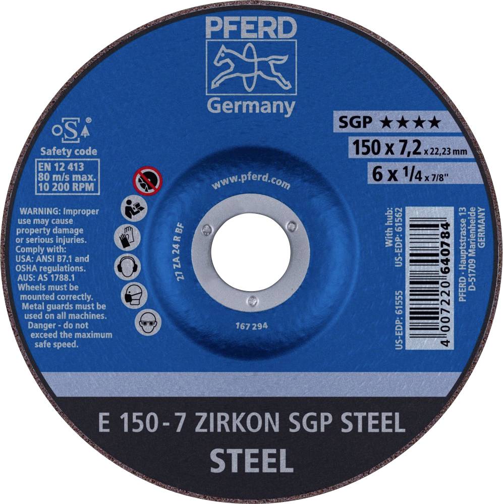 PFERD TOOLS 62215326 E 150-7 ZIRKON SGP STEEL Вигнутий відрізний диск Діаметр 150 мм Діаметр отвору 22,23 мм сталь 10 шт.