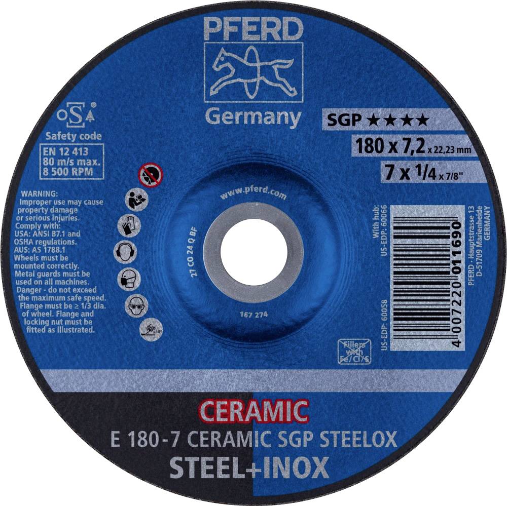 PFERD TOOLS 62217300 E 180-7 CERAMIC SGP STEELOX Відрізний диск, вигнутий Діаметр 180 мм Діаметр отвору 22,23 мм нержавіюча сталь,