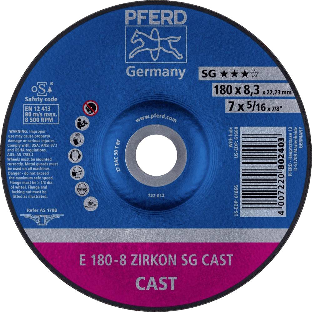 PFERD TOOLS 62217747 E 180-8 ZIRKON SG CAST Відрізний диск, вигнутий Діаметр 180 мм Діаметр отвору 22,23 мм Сірий чавун/ковкий чав