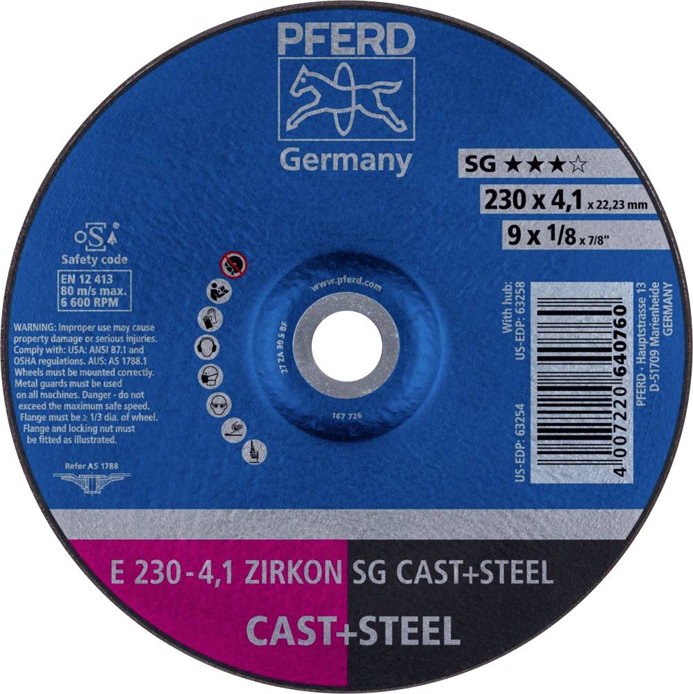 PFERD TOOLS 62218310 E 230-4,1 ZIRKON SG CAST+STEEL Відрізний диск, вигнутий Діаметр 230 мм Діаметр отвору 22,23 мм сірий/ковкий ч