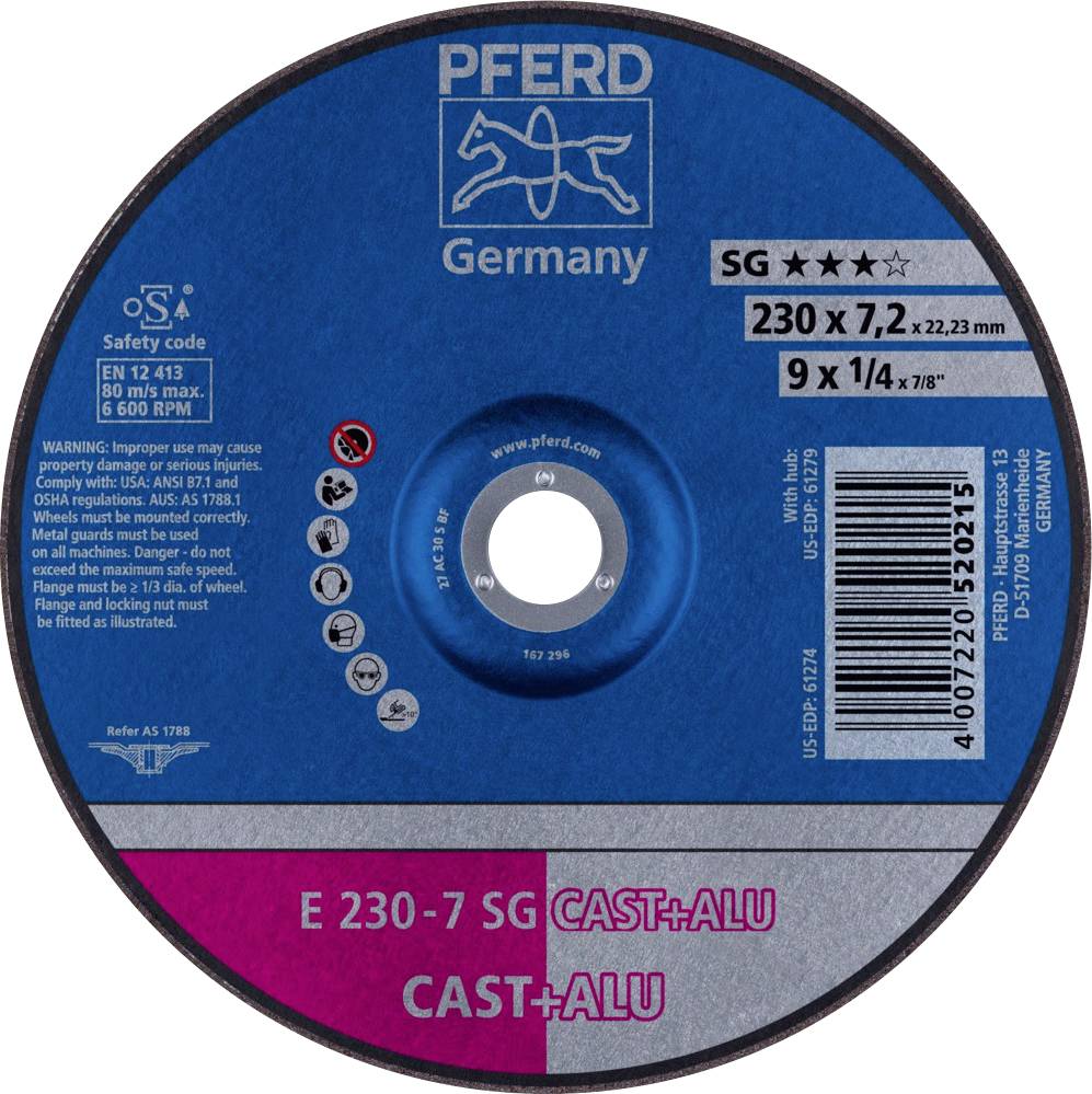 PFERD TOOLS 62223681 E 230-7 SG CAST+ALU Вигнутий відрізний диск Діаметр 230 мм Діаметр отвору 22,23 мм Алюмінієвий сплав, сірий/к