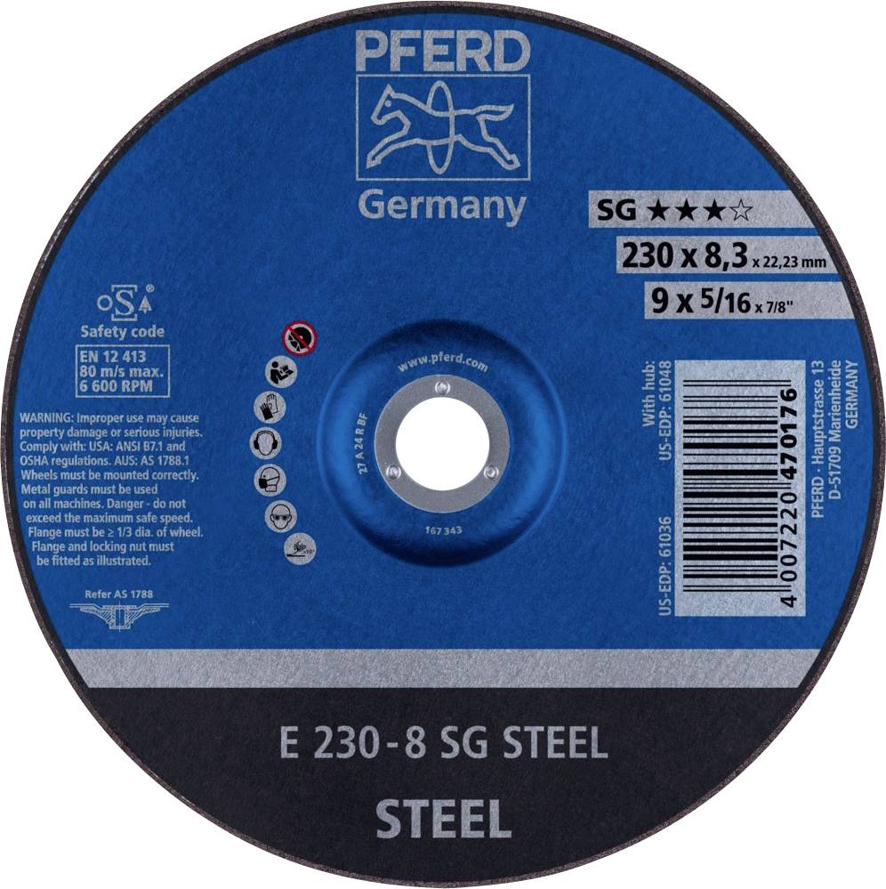 PFERD TOOLS 62223826 E 230-8 SG STEEL Вигнутий відрізний диск Діаметр 230 мм Діаметр отвору 22,23 мм нержавіюча сталь, сталь 10 шт