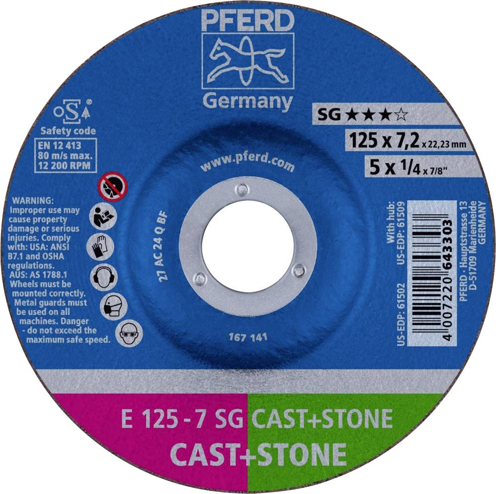 PFERD TOOLS 62912725 E 125-7 SG CAST+STONE Вигнутий відрізний диск Діаметр 125 мм Діаметр отвору 22,23 мм алюмінієвий сплав, чавун