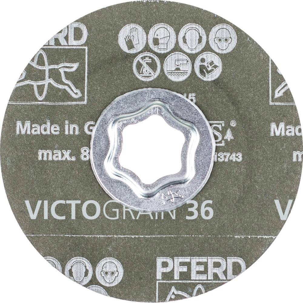 Tarcza szlifierska z napisem 'VICTOGRAIN 36' i 'Made in Germany'. Widoczne są symbole środków ochronnych oraz kierunku użycia.