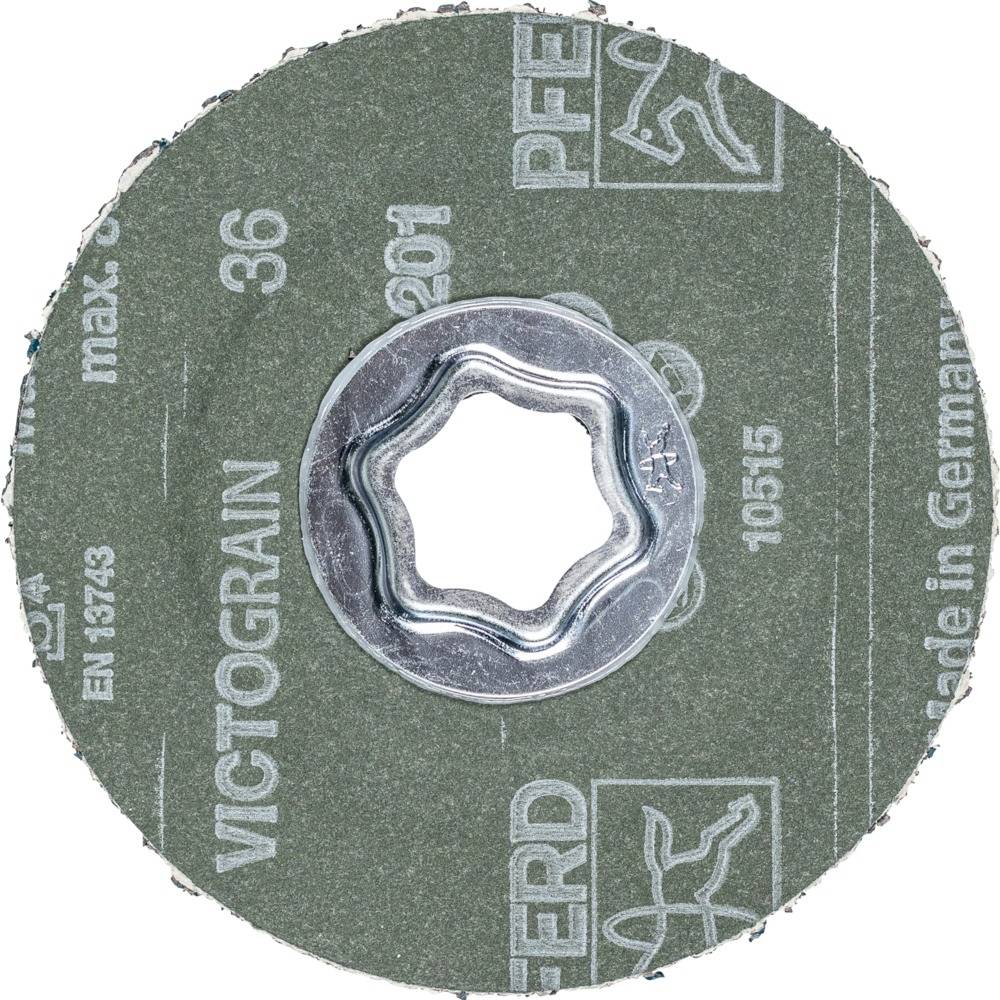 Tarcza szlifierska z napisem 'PFERD VICTOGRAIN 36', z gwiazdkowym otworem. Zielona z białym tekstem. Oznaczenia standardów technicznych i pochodzenia.