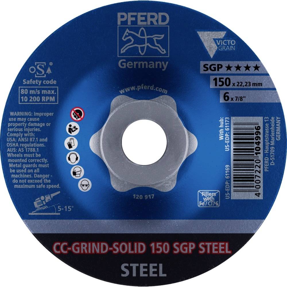 Niebieska tarcza szlifierska marki 'PFERD' do stali, o średnicy 150 mm, maksymalna prędkość 80 m/s, zawierająca informacje dotyczące bezpieczeństwa.