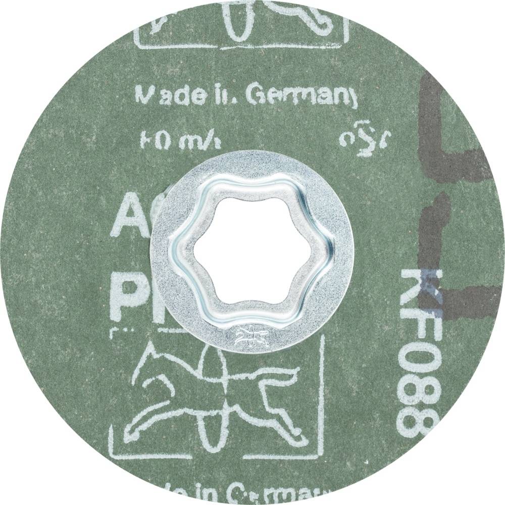 Tarcza szlifierska z napisem 'Made in Germany'. Oznaczenia i symbol na zielonym tle.