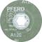 Tarcza szlifierska PFERD, model A120. Maksymalna prędkość obrotowa 80 m/s. Zielona etykieta z logo firmy i szczegółami technicznymi.