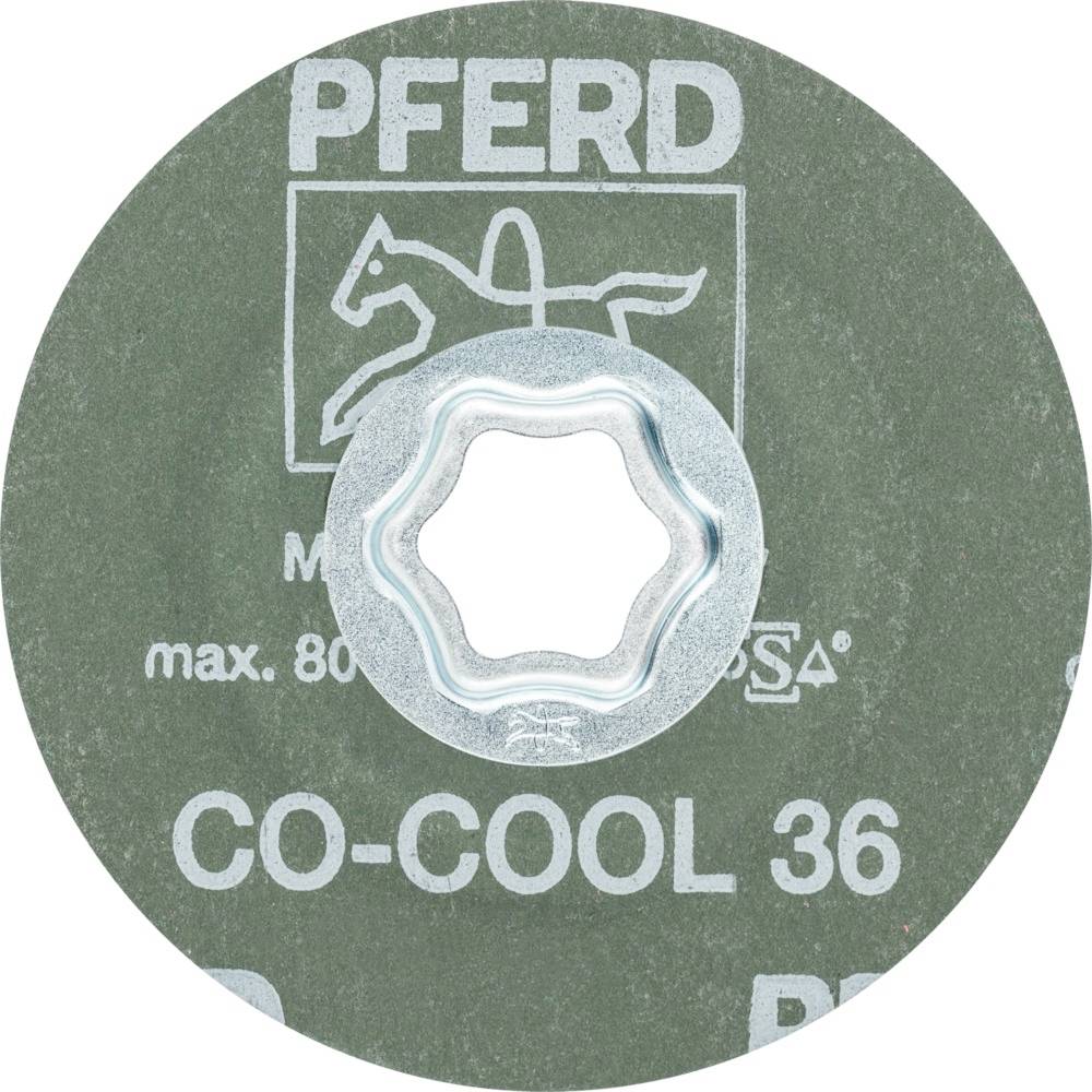 Tarcza szlifierska z napisem 'PFERD CO-COOL 36', posiadająca wzmocnienie otworów w środku, przeznaczona do obróbki metalu.