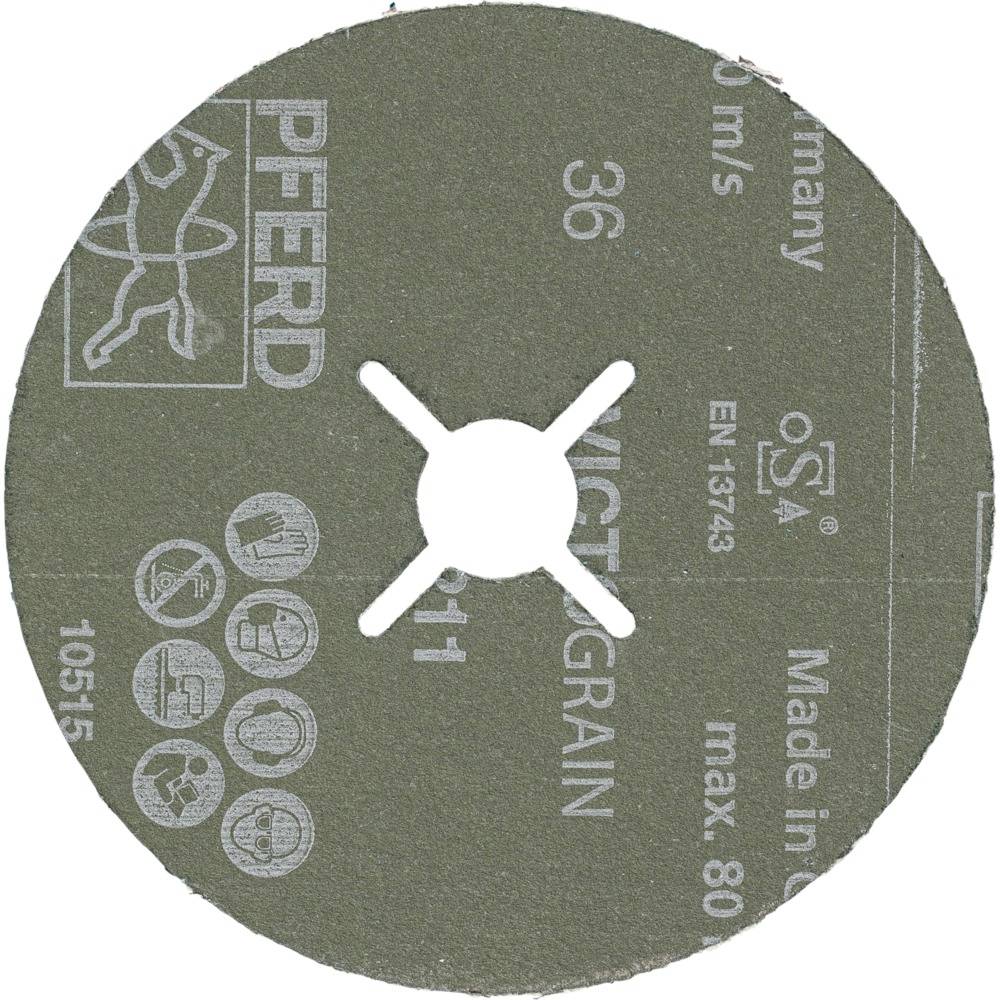 Tarcza szlifierska marki Pferd, maksymalna prędkość 80 m/s, wielkość ziarna 36, wyprodukowana w Niemczech, z symbolami bezpieczeństwa i użycia.