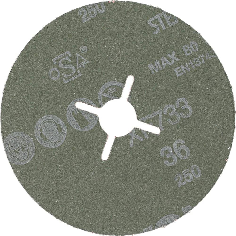 Tarcza papieru ściernego o zielonej powierzchni, z nadrukiem 'MAX 80 EN13743', '36', '250', odpowiednia do urządzeń o maksymalnie 80 obr./min.
