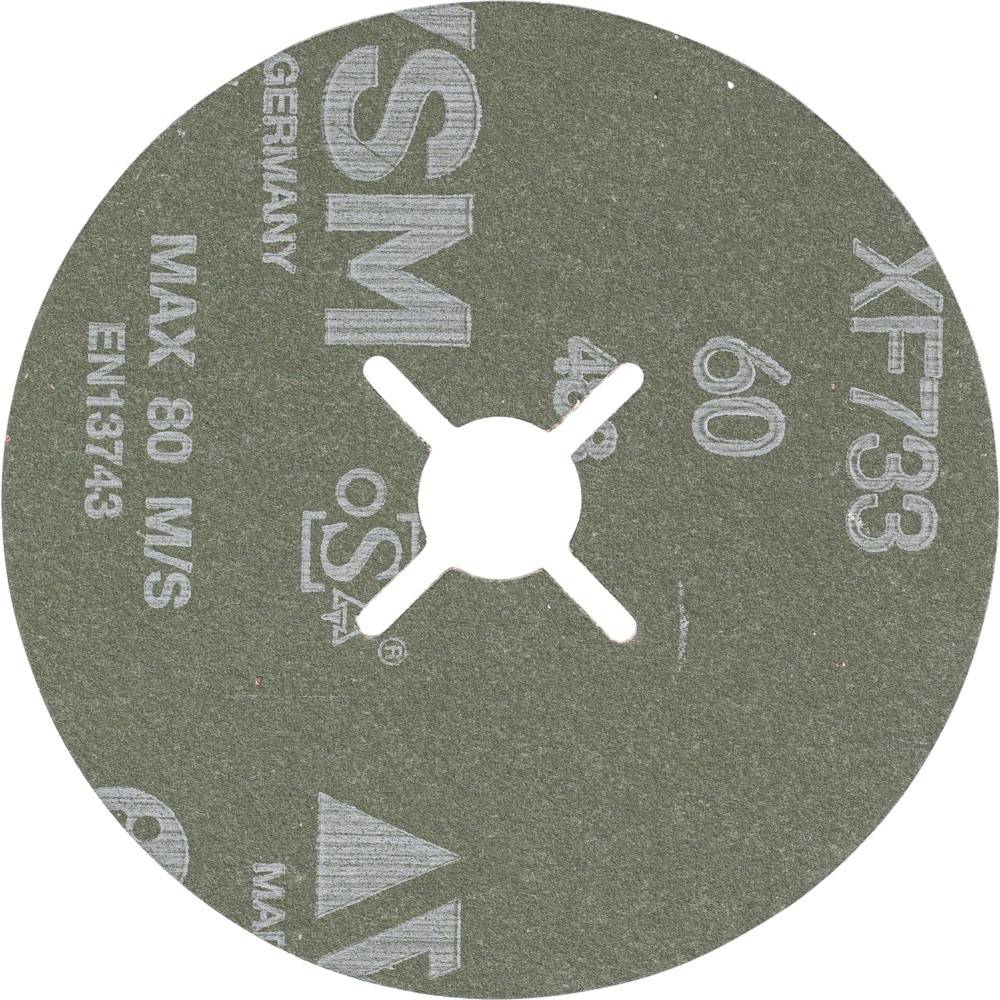 Szara tarcza szlifierska z nadrukiem 'VSM Germany', ziarnistość '60'. Maksymalna prędkość '80 M/S', norma 'EN13743'.