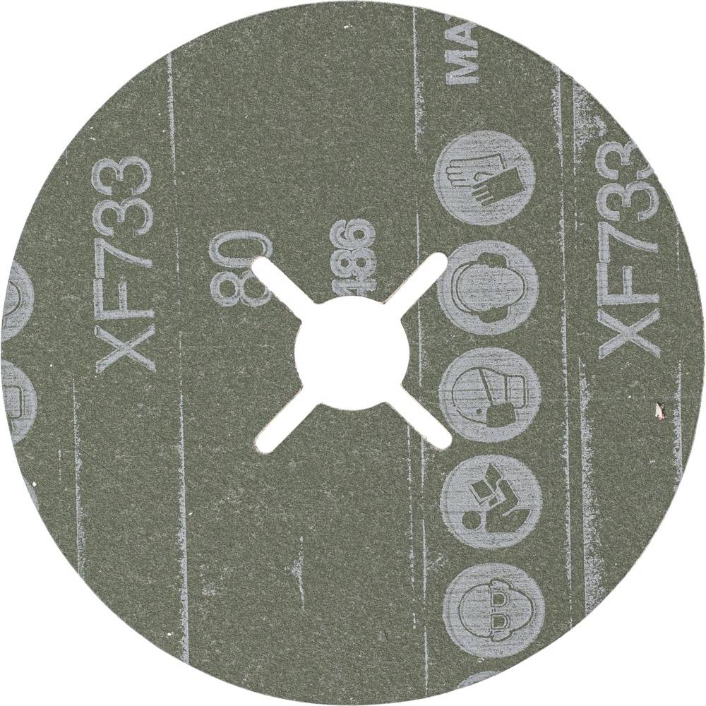 Tarcza szlifierska z gwiaździstym otworem pośrodku, pokryta szarym materiałem ściernym. Odpowiednia do precyzyjnych prac szlifierskich.