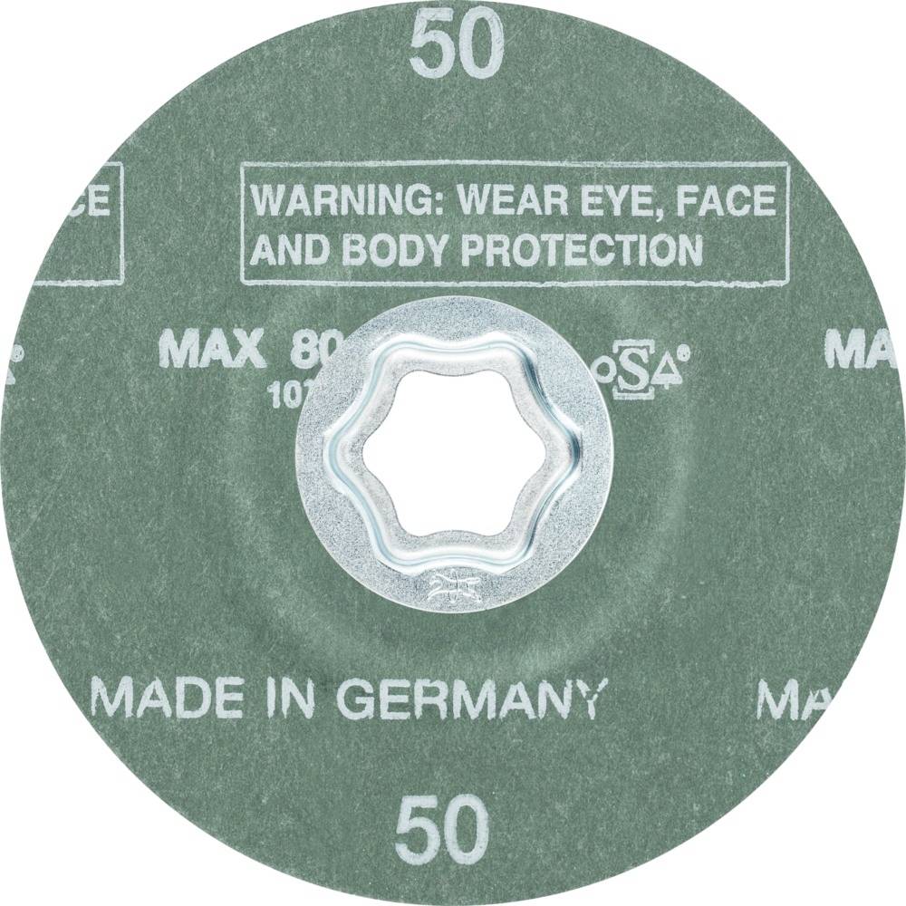 Tarcza szlifierska z ostrzeżeniem: Nosić ochronę oczu, twarzy i ciała. Wyprodukowano w Niemczech.