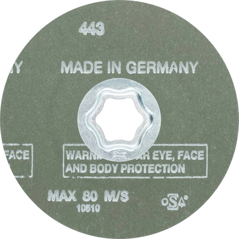 Tarcza szlifierska z mocowaniem metalowym, napis 'MADE IN GERMANY'. Ostrzeżenie: 'Noś ochronę oczu, twarzy i ciała.' Maks. 80 m/s.