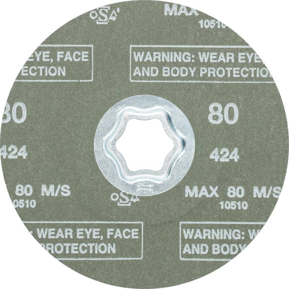 Tarcza szlifierska z napisem 'Maks. 80 M/S', 'Stosować ochronę oczu, twarzy i ciała', ostrzeżenie dotyczące wyposażenia ochronnego.