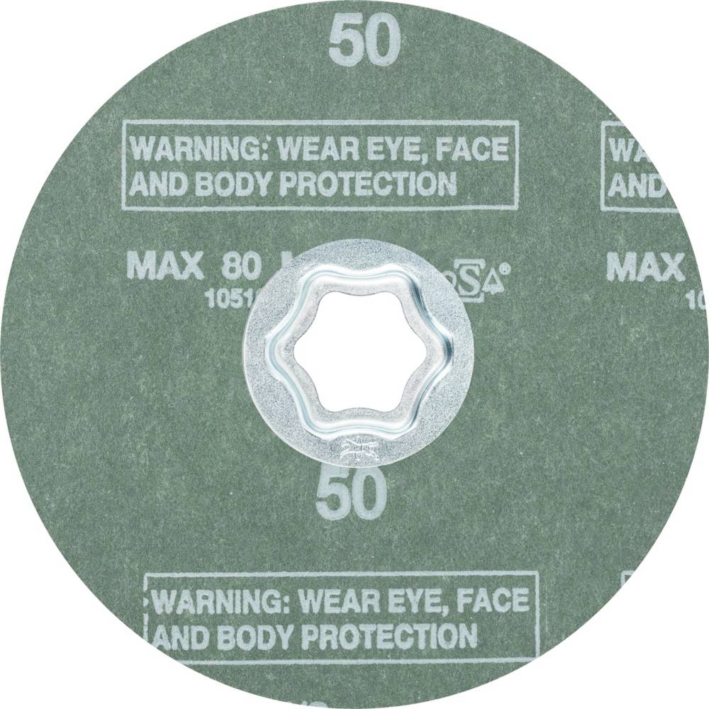 Tarcza szlifierska z napisem: OSTRZEŻENIE: STOSOWAĆ OCHRONĘ OCZU, TWARZY I CIAŁA. MAKS. 80 m/s. Rozmiar: 50.