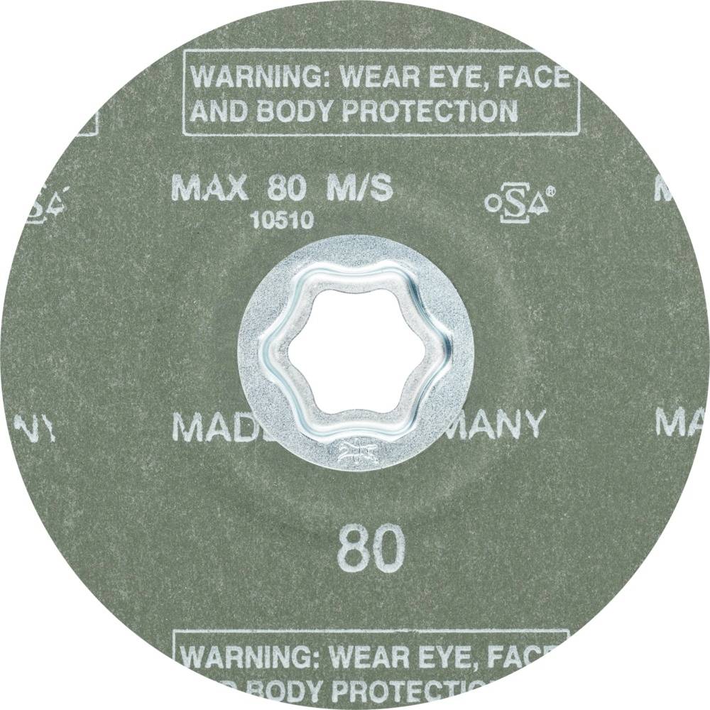 Tarcza ścierna z nadrukiem: Maks. 80 m/s, Made in Germany. Ostrzeżenie: Stosuj ochronę oczu, twarzy i ciała.