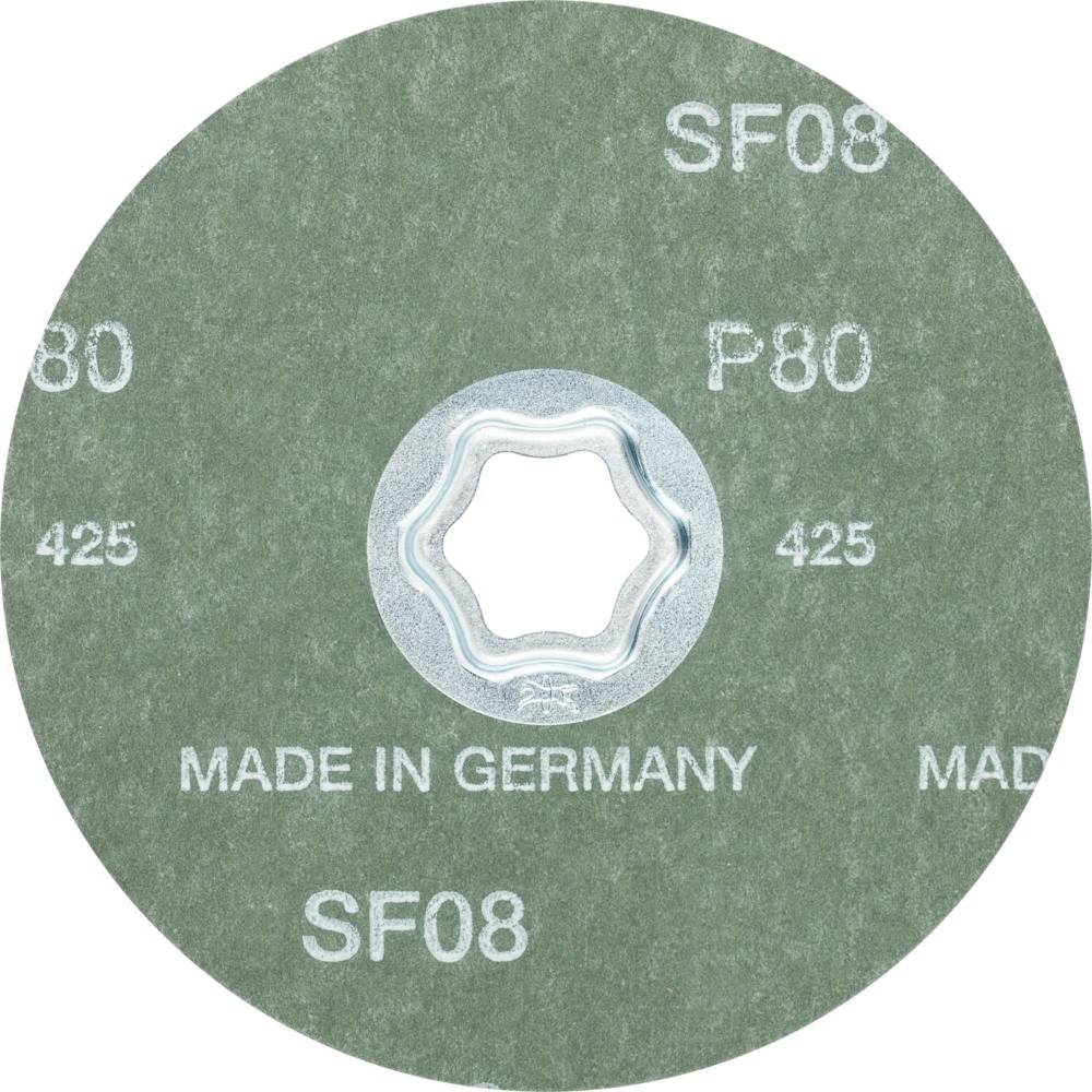 Okrągła zielona tarcza szlifierska z napisem SF08, P80 oraz Made in Germany.