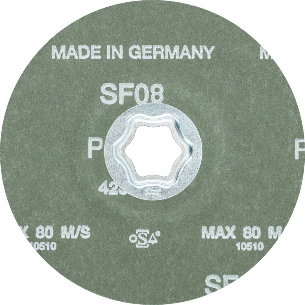 Tarcza szlifierska z napisem 'Made in Germany', 'SF08'. Maksymalna prędkość obrotowa 80 m/s. Posiada sześciokątny otwór w środku.