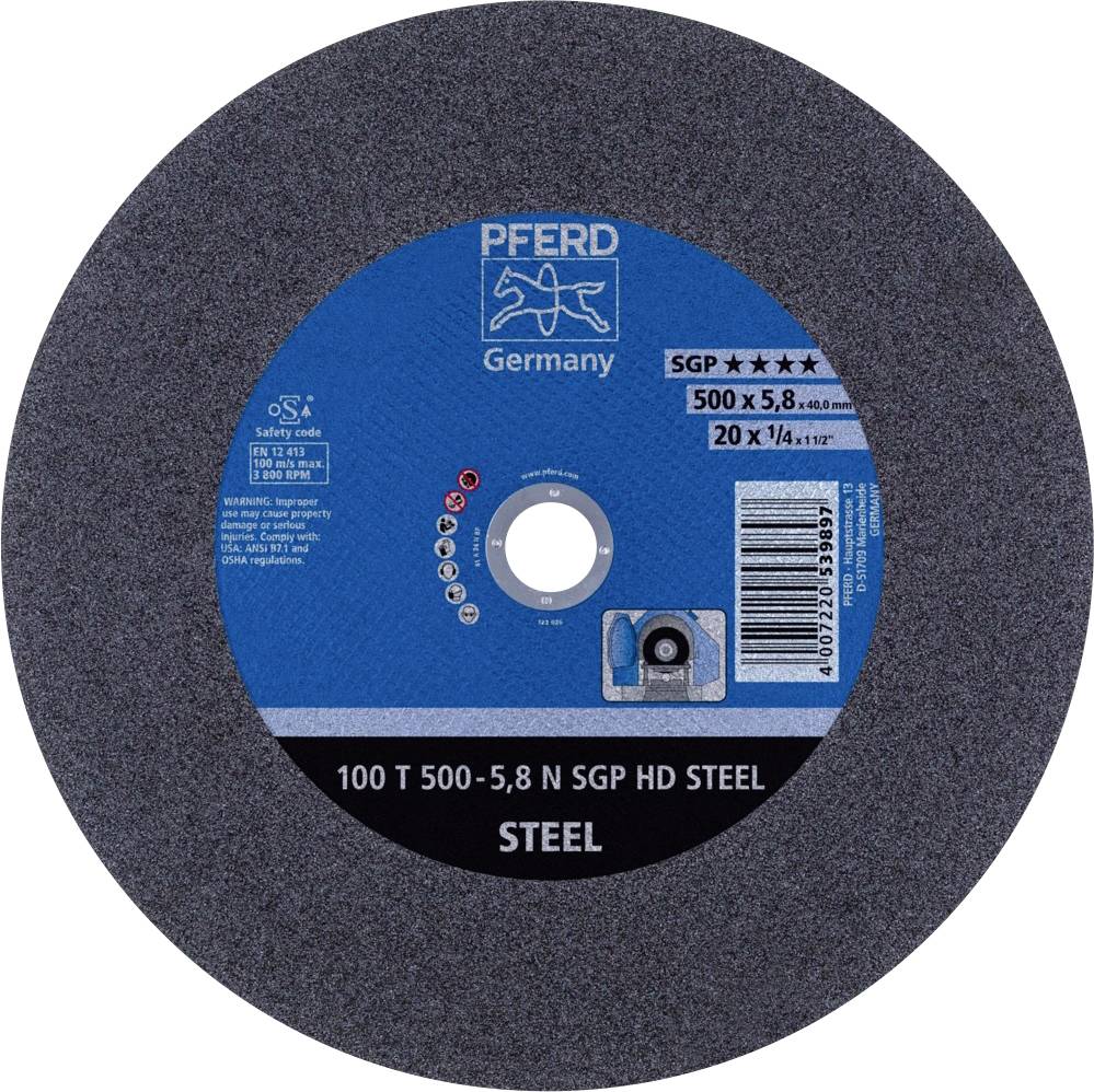 Tarcza tnąca z niebieską etykietą, napis: 'PFERD Germany, SGP, HD Steel', rozmiar: 500 x 5,8 x 20 mm. Odpowiednia do obróbki stali.