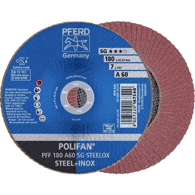 Tarcza ścierna 'POLIFAN PFF 180 A60 SG STEELOX'. Średnica 180 mm, wygięta pod kątem 7°, oznaczona znakiem bezpieczeństwa do obróbki stali i stali nierdzewnej.
