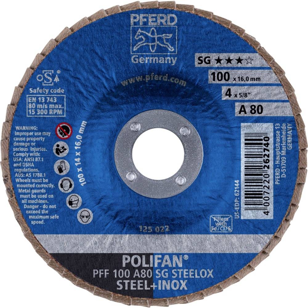 Tarcza szlifierska 'Pferd Polifan PFF 100 A80 SG Steelox'. Średnica 100 mm, grubość 16 mm, odpowiednia do stali i stali nierdzewnej.
