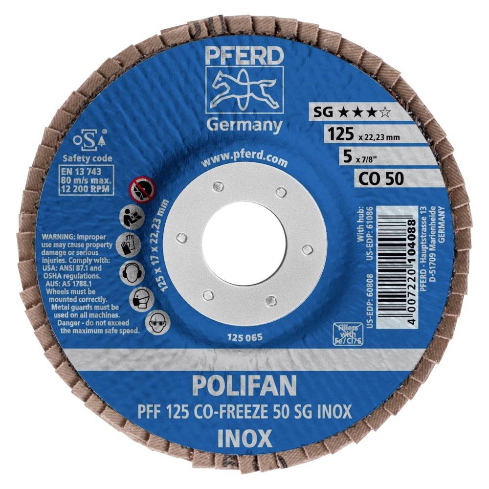 Tarcza szlifierska firmy 'Pferd Germany' z napisem 'POLIFAN PFF 125 CO-FREEZE 50 SG INOX', o średnicy 125 mm, maksymalnie 12.200 obr./min.