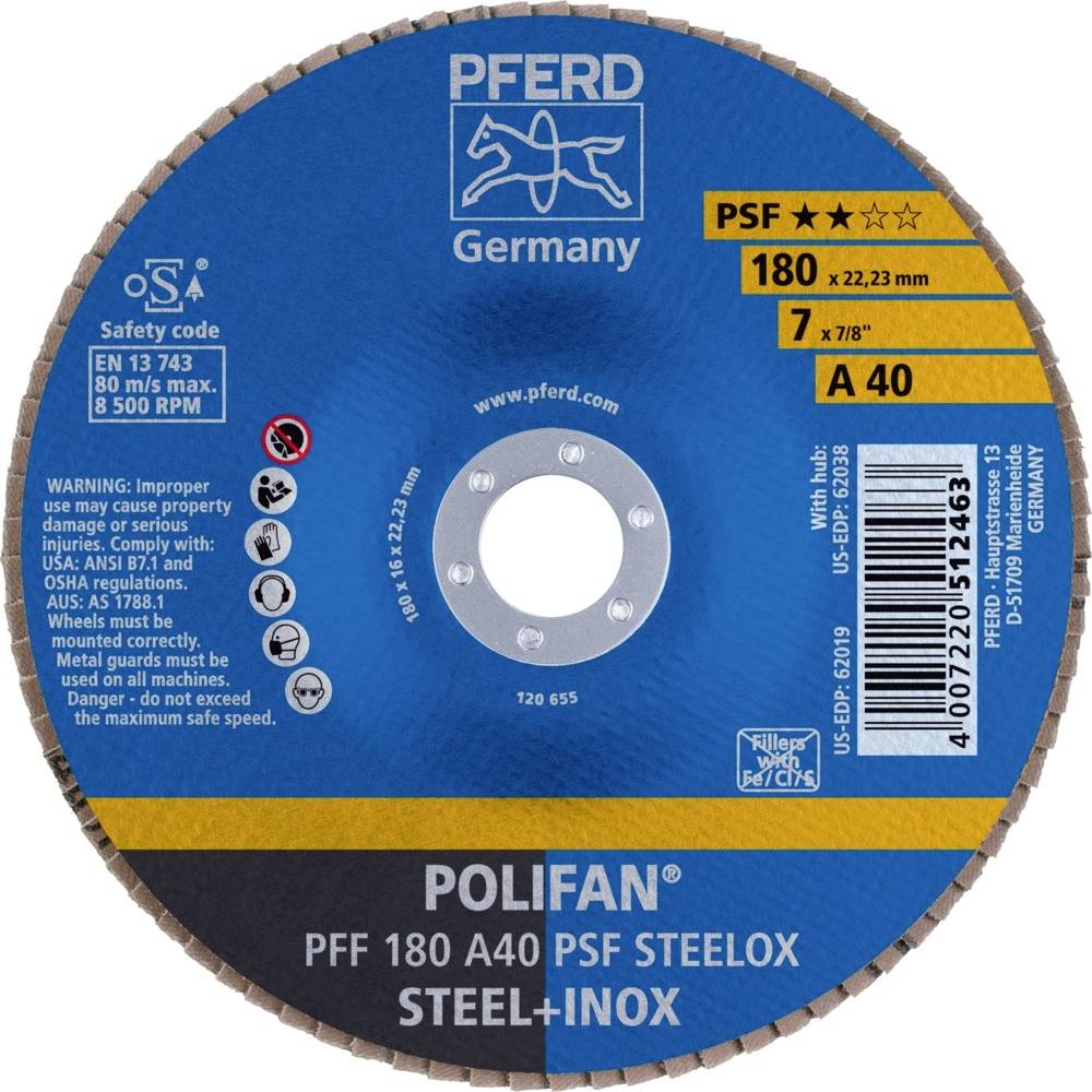 Tarcza szlifierska 'PFERD' z niebieskim oznakowaniem do stali i stali nierdzewnej, 180 x 22,23 mm, zasady bezpieczeństwa i specyfikacja techniczna.