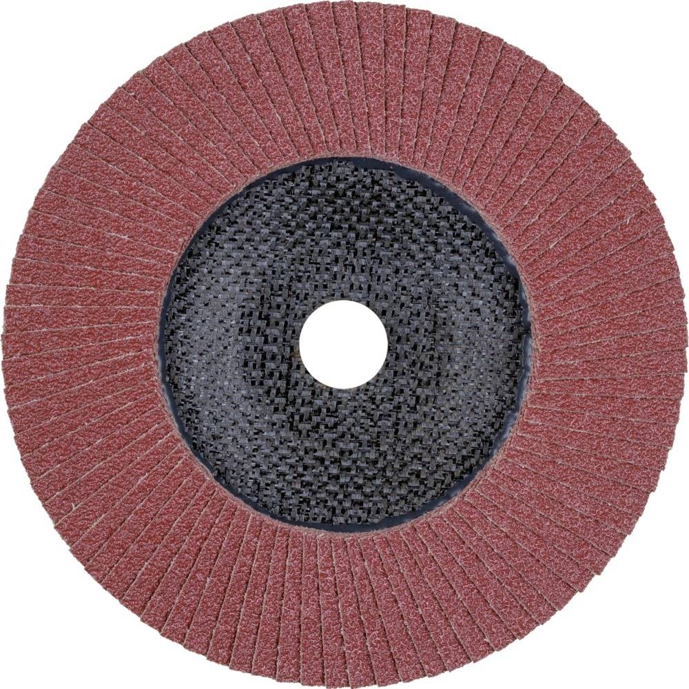 Czerwona tarcza szlifierska z wyżłobionymi krawędziami i czarnym środkiem, widziana z góry. Stosowana głównie do obróbki metalu.