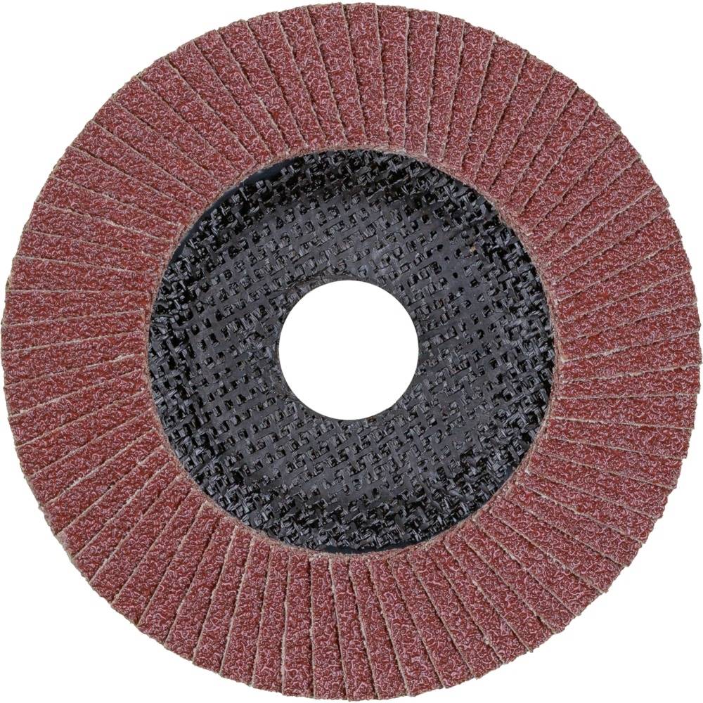 Tarcza lamelkowa w kolorze ceglastoczerwonym z centralnym otworem, odpowiednia do polerowania i szlifowania metalu oraz drewna.