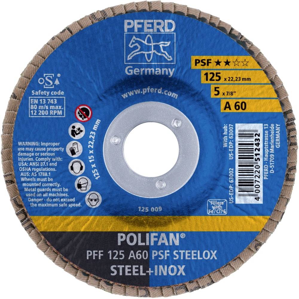 Tarcza szlifierska 'PFERD' z kodem bezpieczeństwa, rozmiar 125 x 22,23 mm, do stali i stali nierdzewnej. Prędkość obrotowa 12.200 obr./min, maksymalna prędkość liniowa 80 m/s.