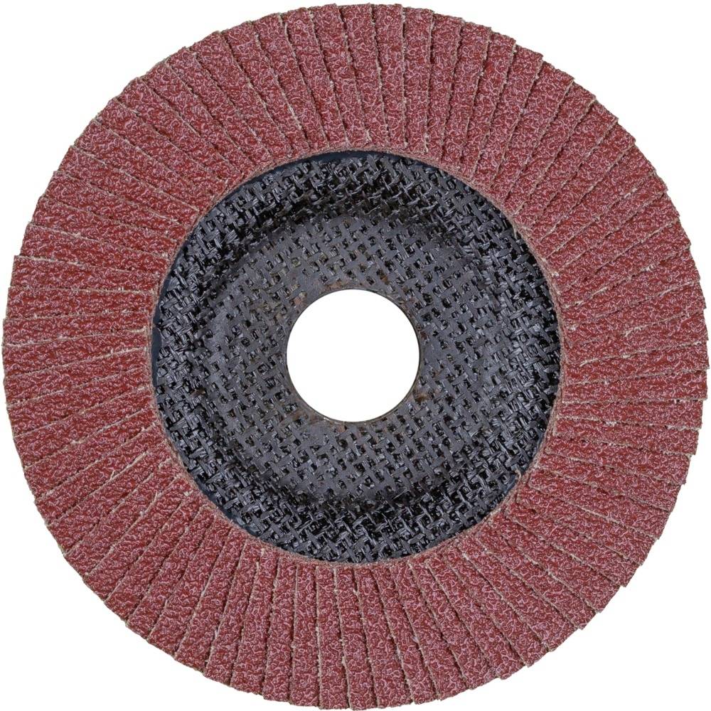 Tarcza szlifierska z wieloma czerwonymi lamelkami ułożonymi w kole, czarne centrum do zamocowania na narzędziu.