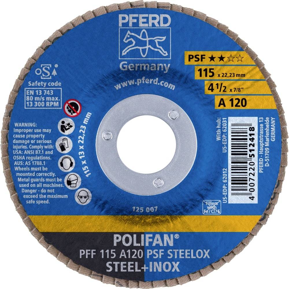 'Tarcza szlifierska PFERD, model POLIFAN PSF, średnica 115 mm, do stali i stali nierdzewnej. Prędkość: maks. 13.300 obr./min.'