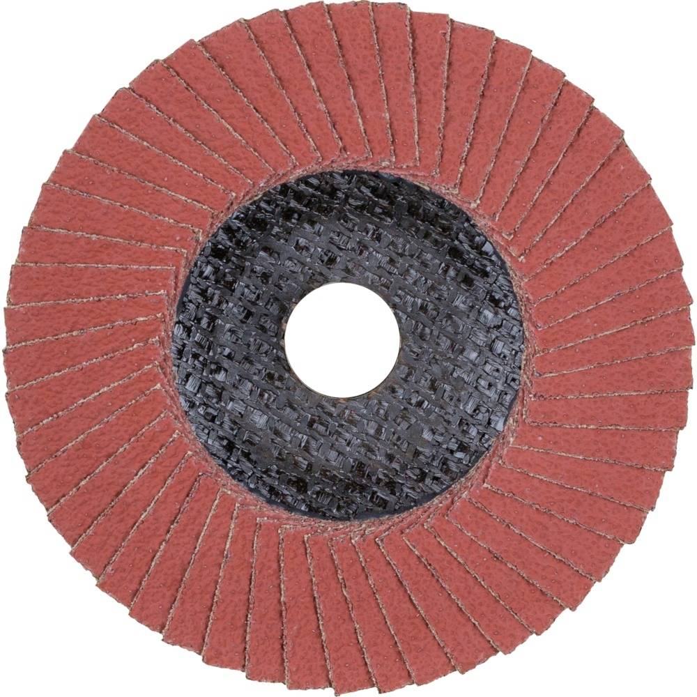 Tarcza szlifierska z czerwonymi lamelkami i czarnym środkiem, używana do wygładzania i polerowania powierzchni.