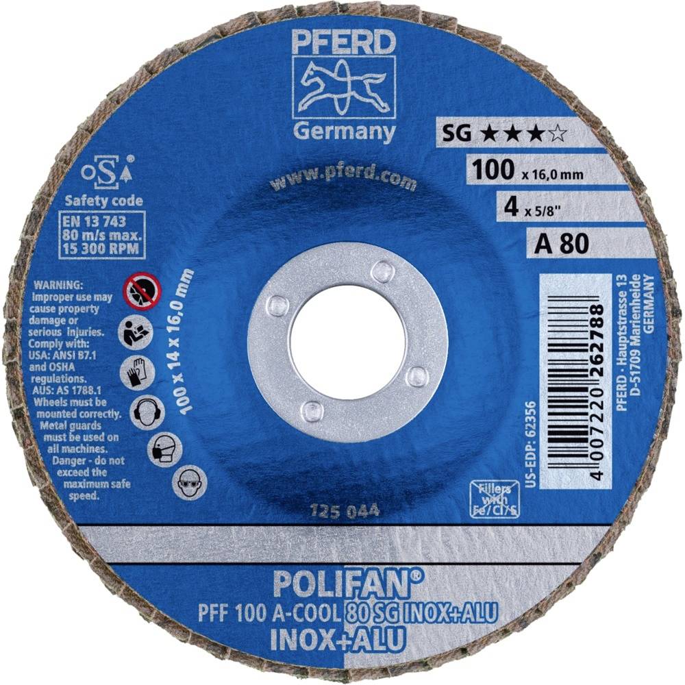 Niebieska etykieta tarczy szlifierskiej przedstawia markę, ostrzeżenia bezpieczeństwa, specyfikacje (100 x 16 mm), prędkość roboczą 80 m/s oraz materiały (INOX+ALU).