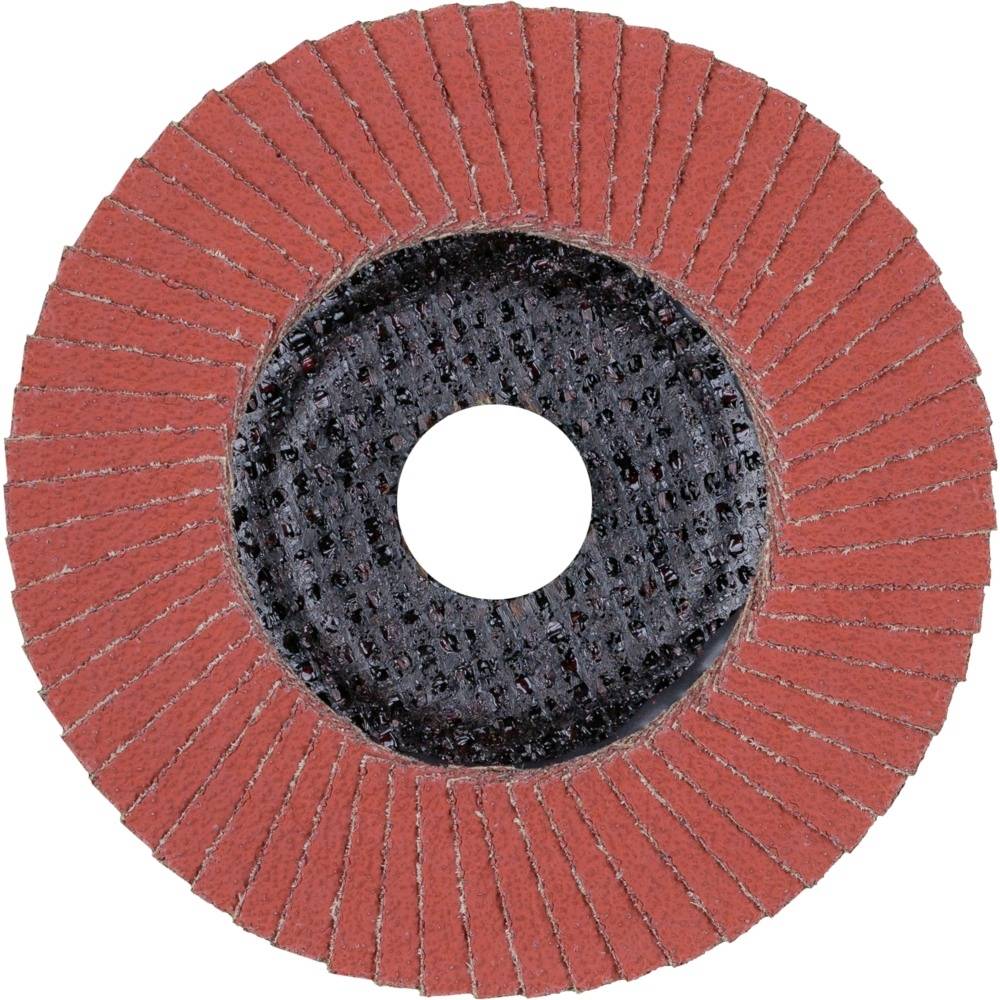 Tarcza szlifierska z czerwonym materiałem ściernym, w kształcie koła, z otworem pośrodku. Stosowana do szlifowania metalu i innych materiałów.